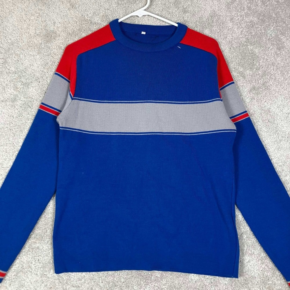 Vintage 80s Colorblock Sweater Mens Large Blue Striped Crewneck Orlon Acrylic
